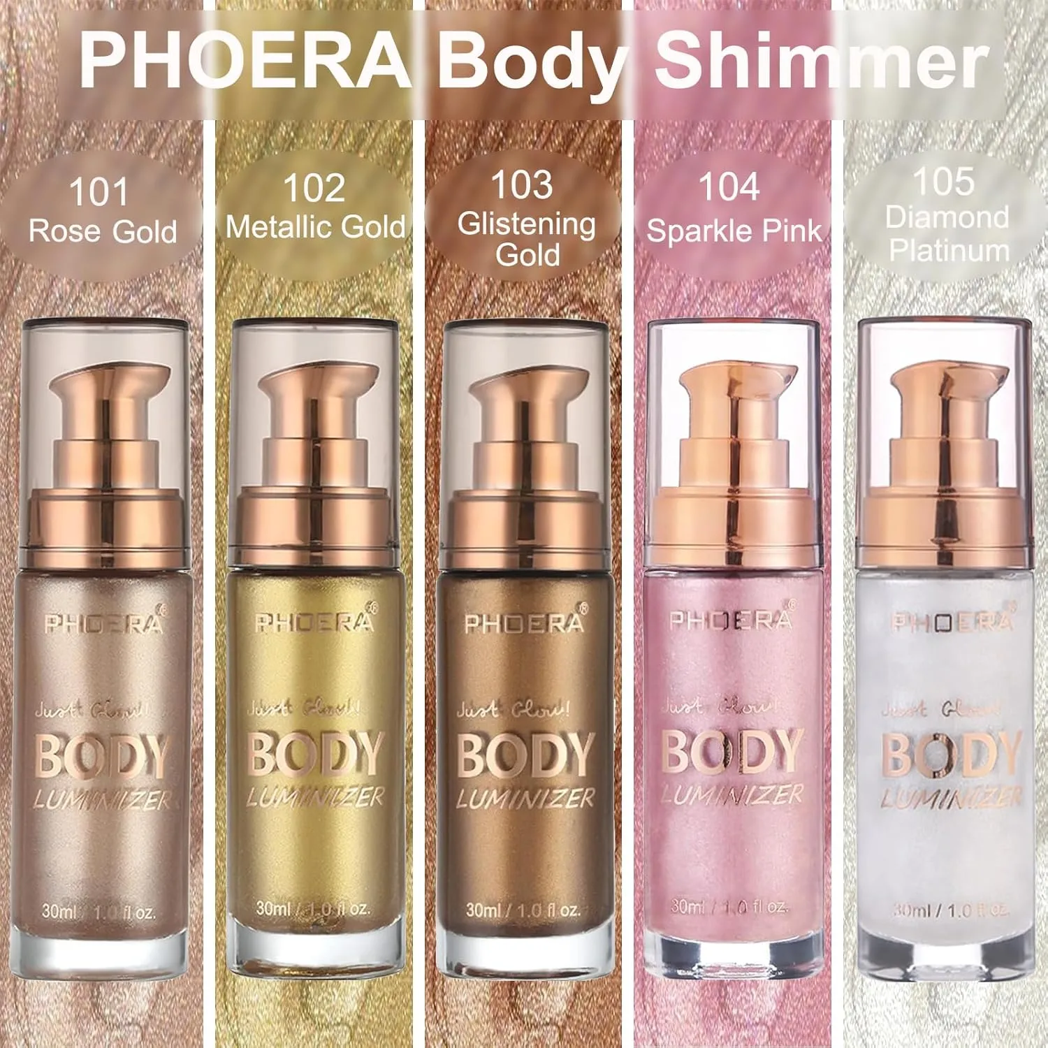 PHOERA Body Shimmer Oil,Waterproof Long Lasting Moisturizing Body Luminizer Glow, Illuminator Highlighter for Face with Makup Bursh, 1oz/Jars(101 103/ Rose Gold Glistening Bronze)