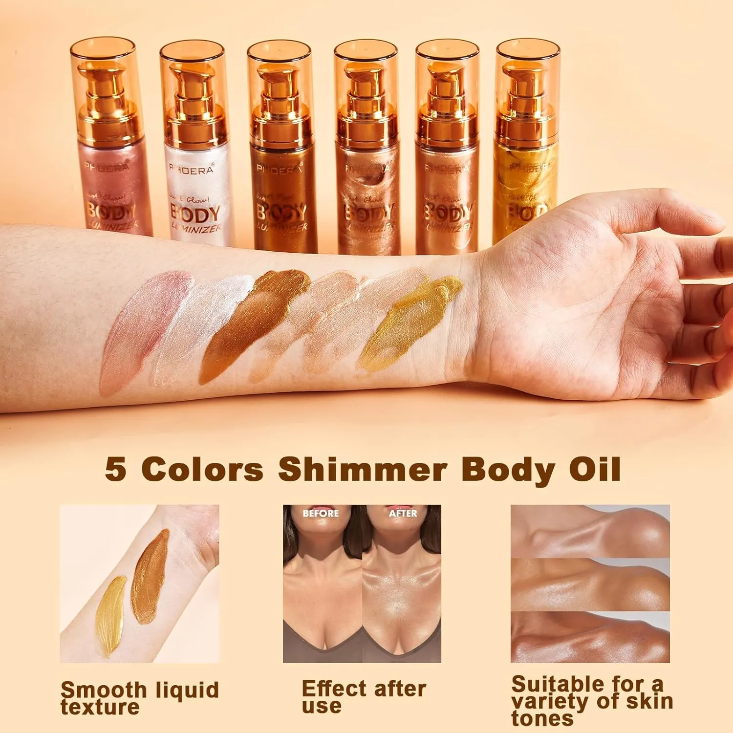 PHOERA Body Shimmer Oil,Waterproof Long Lasting Moisturizing Body Luminizer Glow, Illuminator Highlighter for Face with Makup Bursh, 1oz/Jars(101 103/ Rose Gold Glistening Bronze)