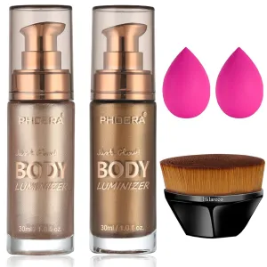 PHOERA Body Shimmer Oil,Waterproof Long Lasting Moisturizing Body Luminizer Glow, Illuminator Highlighter for Face with Makup Bursh, 1oz/Jars(101 103/ Rose Gold Glistening Bronze)
