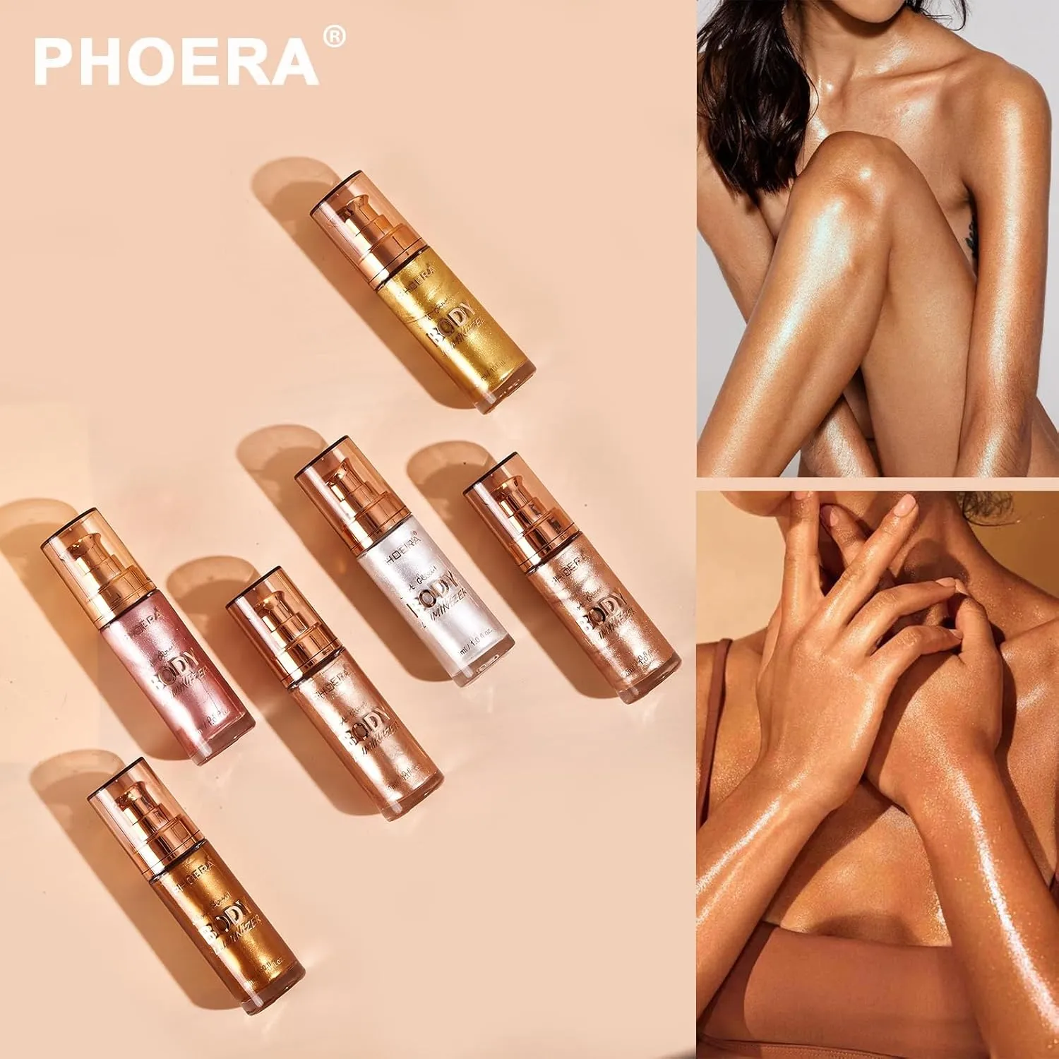 PHOERA Body Shimmer Oil,Waterproof Long Lasting Moisturizing Body Luminizer Glow, Illuminator Highlighter for Face with Makup Bursh, 1oz/Jars(101 103/ Rose Gold Glistening Bronze)