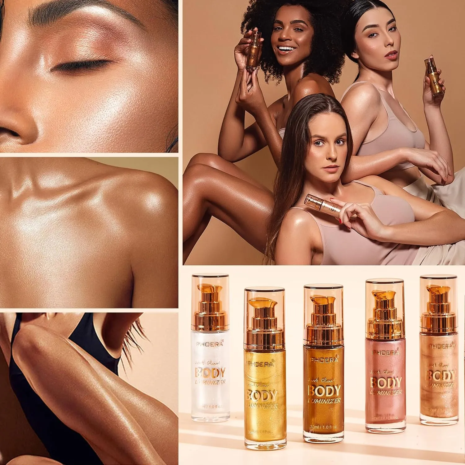 PHOERA Body Shimmer Oil,Waterproof Long Lasting Moisturizing Body Luminizer Glow, Illuminator Highlighter for Face with Makup Bursh, 1oz/Jars(101 103/ Rose Gold Glistening Bronze)