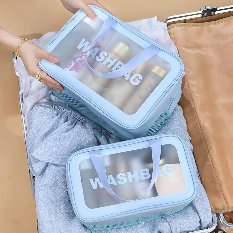 PU Leather Portable Toiletry Bags with Handle, Translucent Waterproof travel Make up Bags for Women, Large Capacity Travel Cosmetic Bags (Pink)