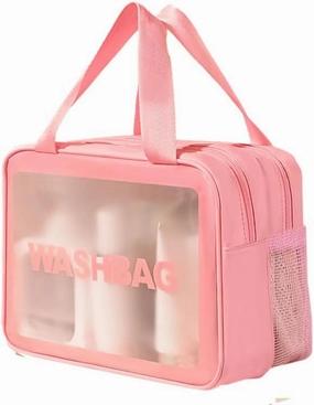 PU Leather Portable Toiletry Bags with Handle, Translucent Waterproof travel Make up Bags for Women, Large Capacity Travel Cosmetic Bags (Pink)