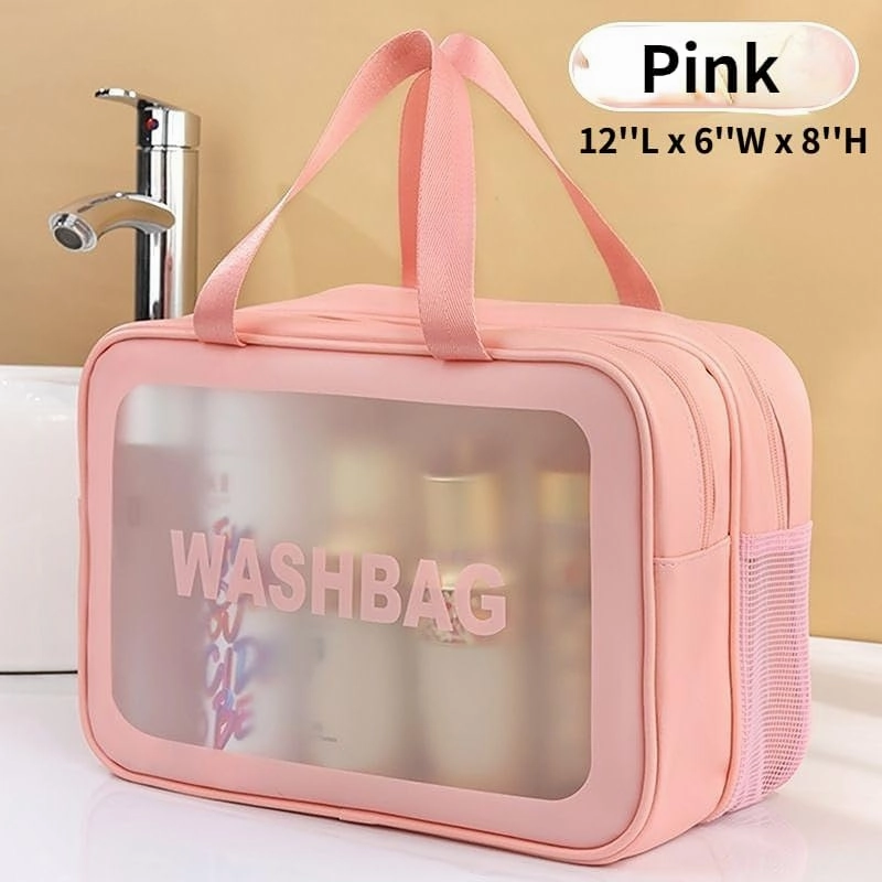 PU Leather Portable Toiletry Bags with Handle, Translucent Waterproof travel Make up Bags for Women, Large Capacity Travel Cosmetic Bags (Pink)