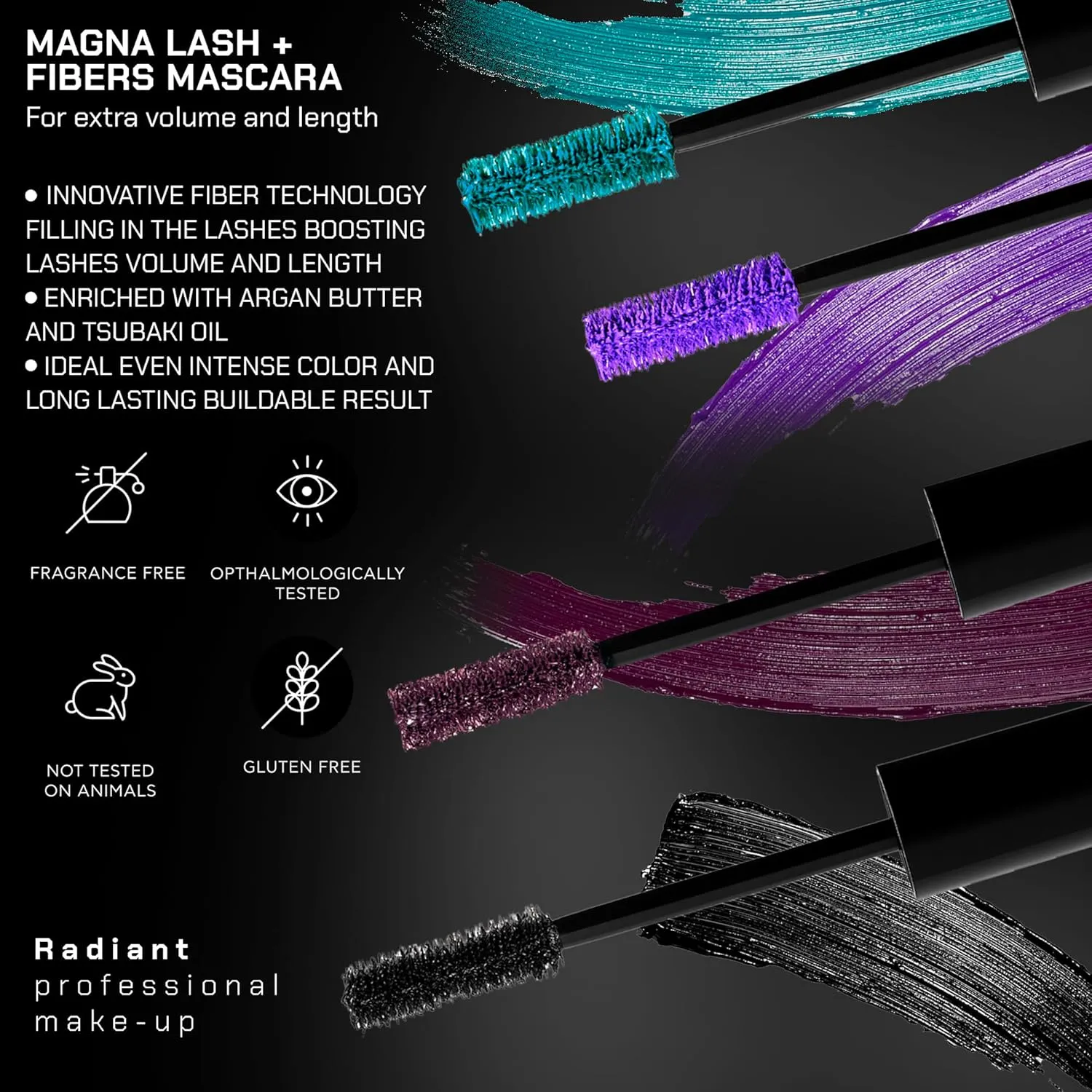 Radiant Professional Lengthening Mascara – Fiber Lash Mascara For Extreme Length & Volume – Natural Wax Formula, Cruelty-Free – Mascara Smudge-Proof Silicone Brush - (0.43 oz) (02 EGGPLANT)