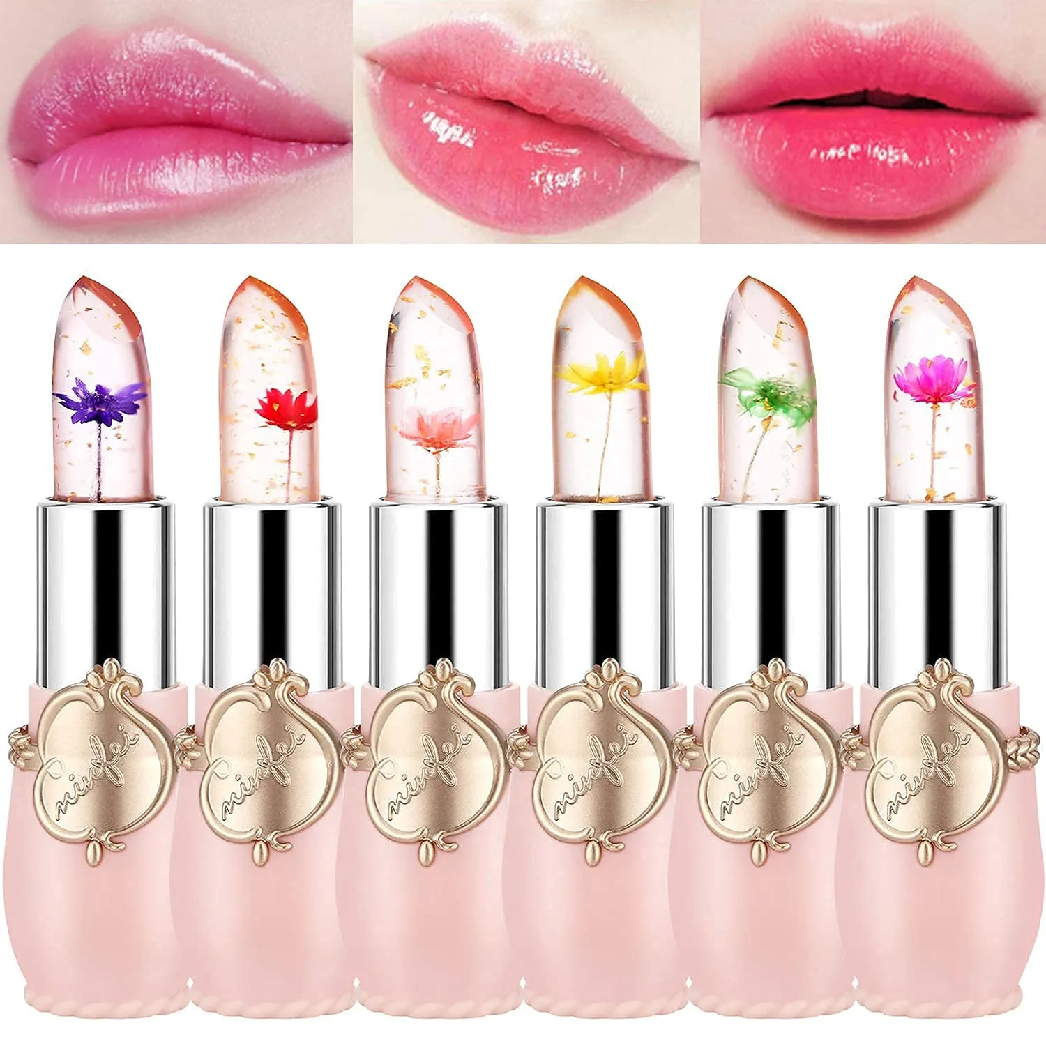 RanRui Pack of 6 Crystal Flower Jelly Lipstick, Long Lasting Nutritious Lip Balm Lips Moisturizer Magic Temperature Color Change Lip Gloss (Pink) (Pink)