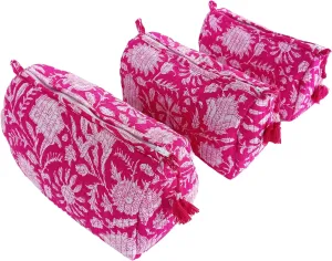Rastogi Handicrafts Cosmetic Bags Set, 3 Piece Make Up Organizer Bag Storage Bags with Zipper Closure (3, Pink, Design-5)