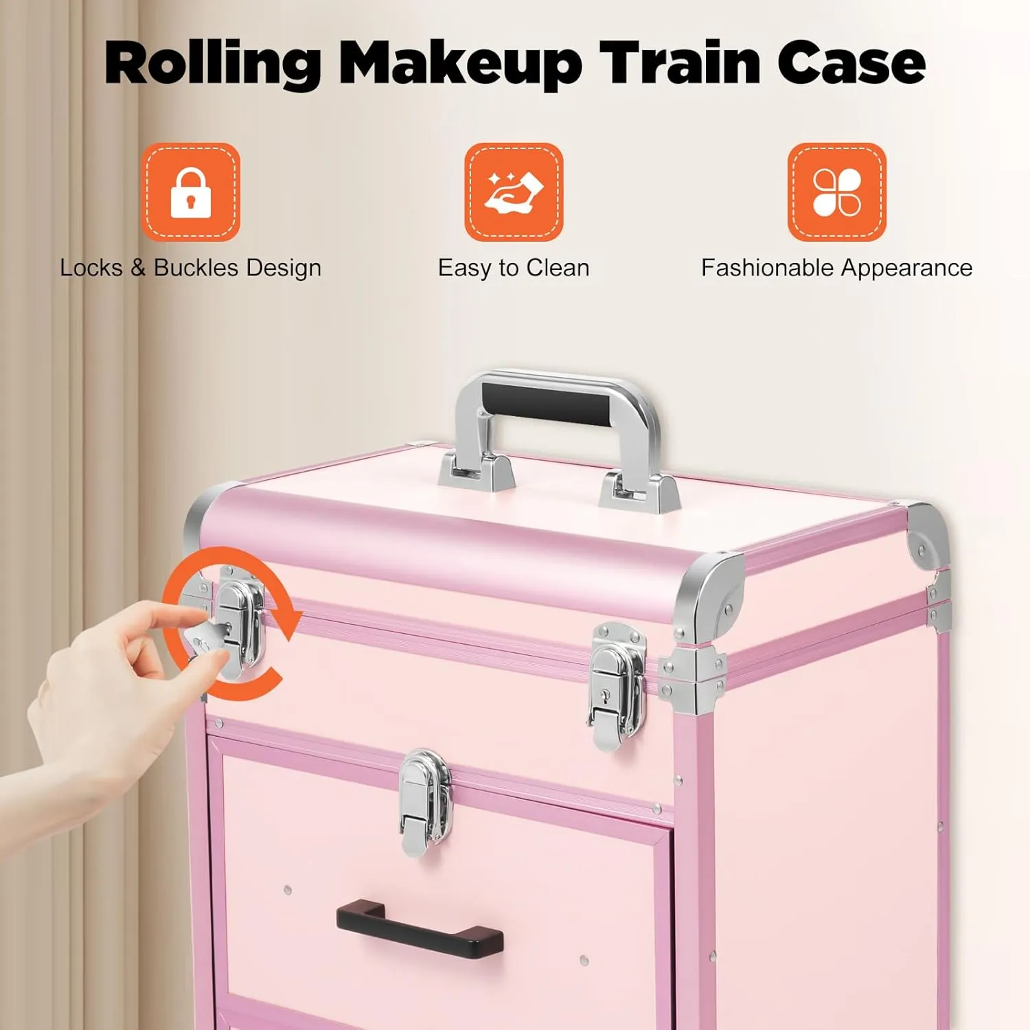 Rolling Cosmetic Case, Large Cosmetic Trolley with Lock, Professional Rolling Cosmetic Train Case with Drawers, Universal Wheel Trolley Nail Storage Organizer for Makeup Salon, Beauty Salon (Pink)