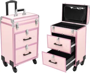 Rolling Cosmetic Case, Large Cosmetic Trolley with Lock, Professional Rolling Cosmetic Train Case with Drawers, Universal Wheel Trolley Nail Storage Organizer for Makeup Salon, Beauty Salon (Pink)