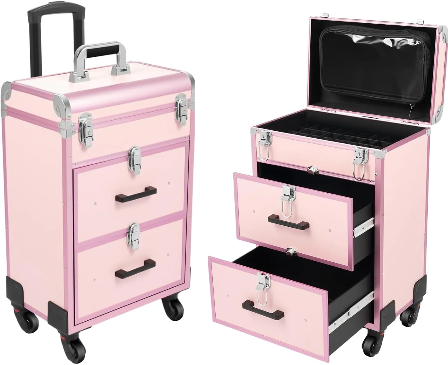 Rolling Cosmetic Case, Large Cosmetic Trolley with Lock, Professional Rolling Cosmetic Train Case with Drawers, Universal Wheel Trolley Nail Storage Organizer for Makeup Salon, Beauty Salon (Pink)