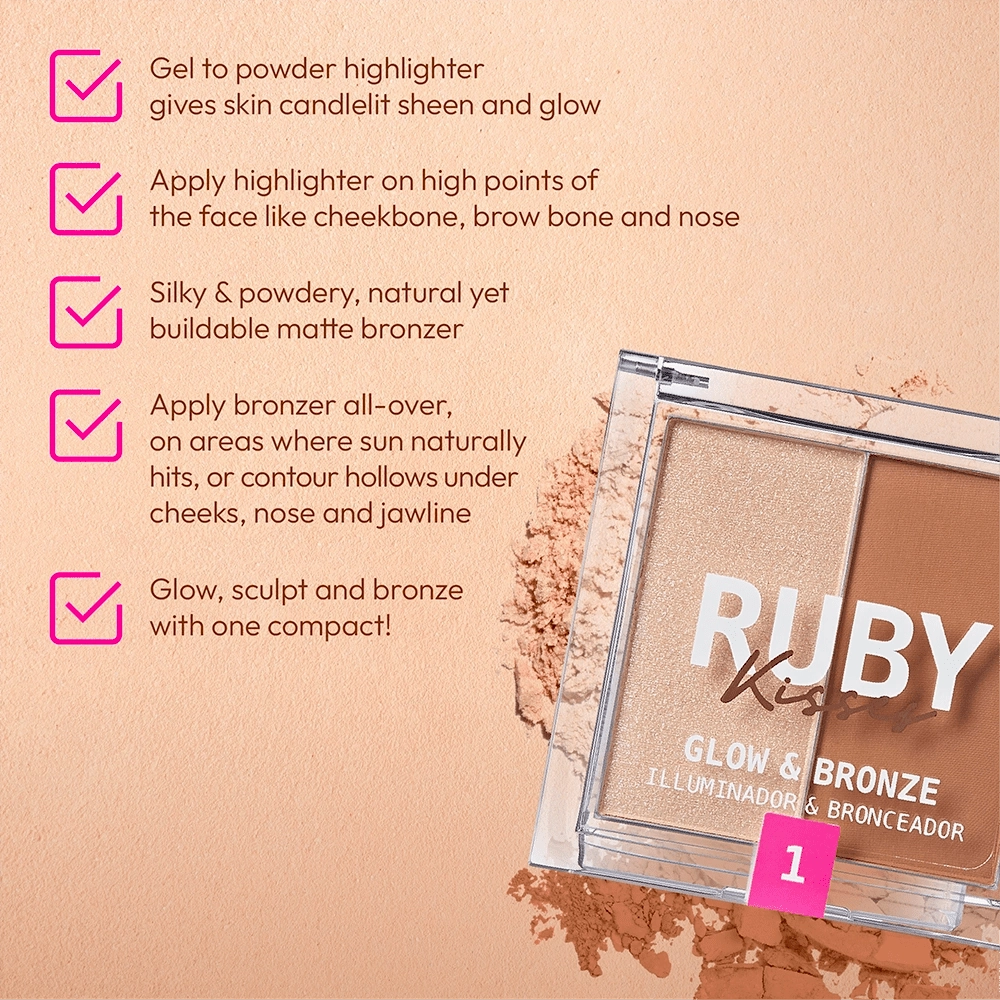 Ruby Kisses Glow & Bronze Highlighter Bronzer Duo – 2-in-1 Radiant Finish | Sculpt & Shine | 4 Shades
