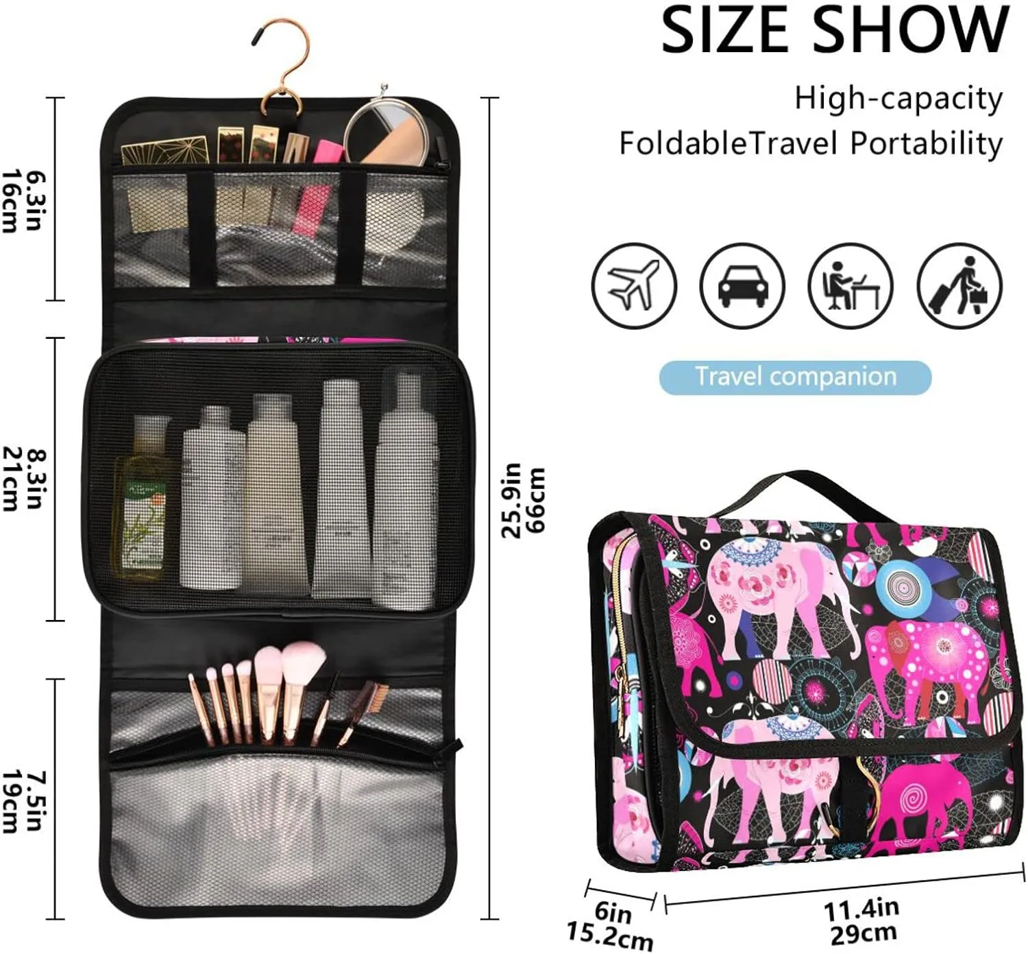 Seamless Bright Pink Elephants Tribal Ethnic Theme on Black 3 PCs Set Toiletry bags, 1 Women's Travel Cosmetic Bag, 1 Hanging Toiletry Wash Bag, 1 Brush Case, Portable Makeup Storage Case