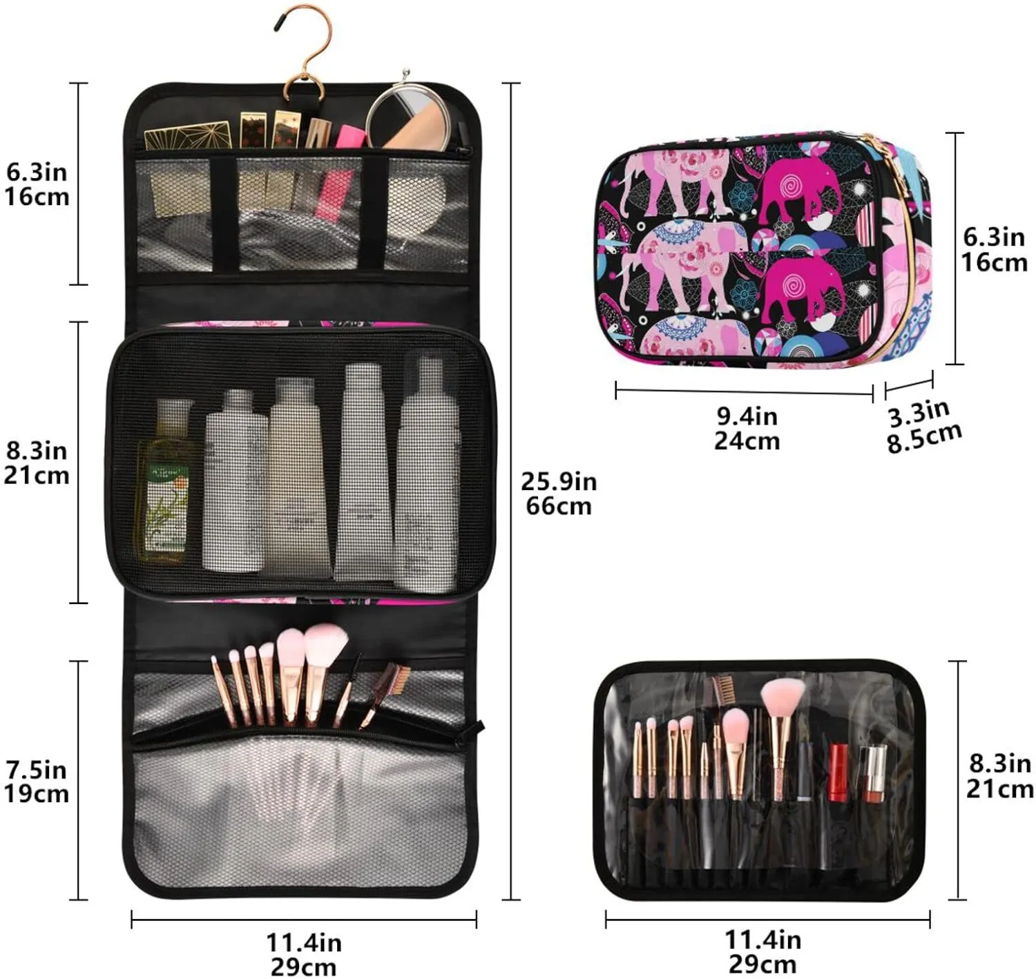 Seamless Bright Pink Elephants Tribal Ethnic Theme on Black 3 PCs Set Toiletry bags, 1 Women's Travel Cosmetic Bag, 1 Hanging Toiletry Wash Bag, 1 Brush Case, Portable Makeup Storage Case