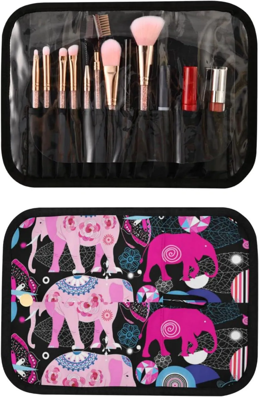 Seamless Bright Pink Elephants Tribal Ethnic Theme on Black 3 PCs Set Toiletry bags, 1 Women's Travel Cosmetic Bag, 1 Hanging Toiletry Wash Bag, 1 Brush Case, Portable Makeup Storage Case