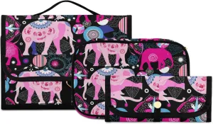 Seamless Bright Pink Elephants Tribal Ethnic Theme on Black 3 PCs Set Toiletry bags, 1 Women's Travel Cosmetic Bag, 1 Hanging Toiletry Wash Bag, 1 Brush Case, Portable Makeup Storage Case