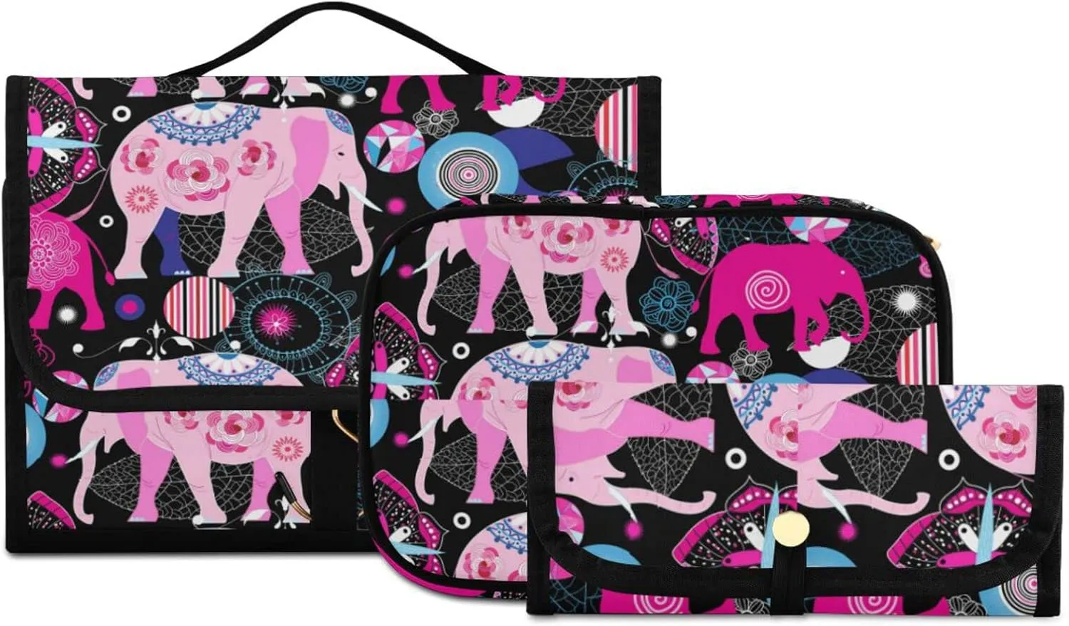 Seamless Bright Pink Elephants Tribal Ethnic Theme on Black 3 PCs Set Toiletry bags, 1 Women's Travel Cosmetic Bag, 1 Hanging Toiletry Wash Bag, 1 Brush Case, Portable Makeup Storage Case