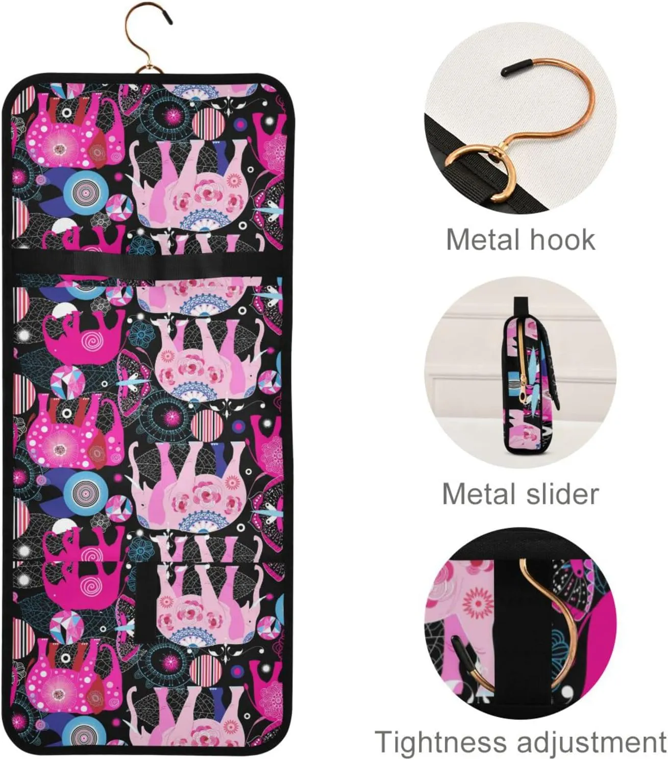 Seamless Bright Pink Elephants Tribal Ethnic Theme on Black 3 PCs Set Toiletry bags, 1 Women's Travel Cosmetic Bag, 1 Hanging Toiletry Wash Bag, 1 Brush Case, Portable Makeup Storage Case