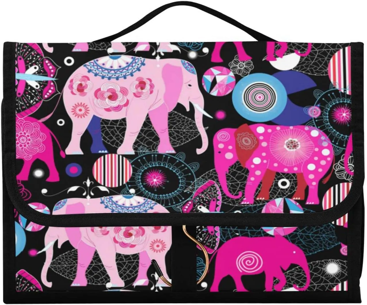 Seamless Bright Pink Elephants Tribal Ethnic Theme on Black 3 PCs Set Toiletry bags, 1 Women's Travel Cosmetic Bag, 1 Hanging Toiletry Wash Bag, 1 Brush Case, Portable Makeup Storage Case
