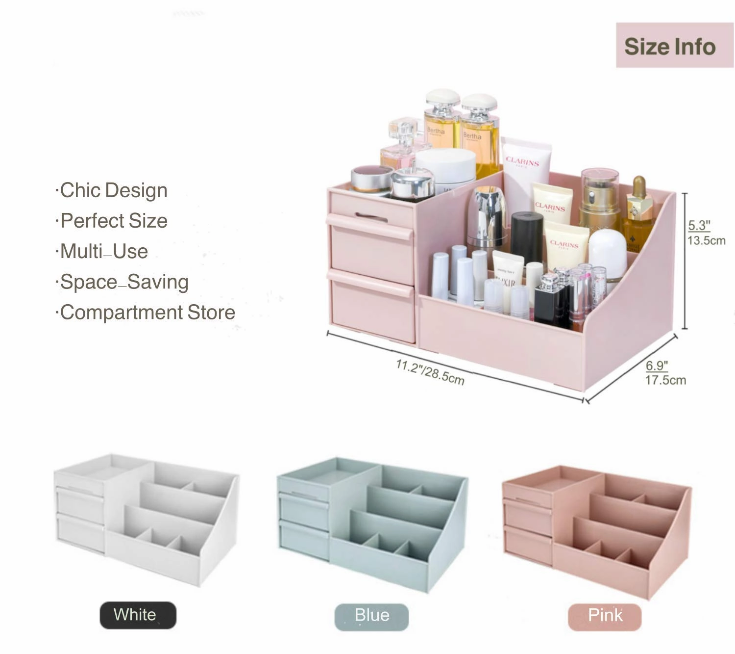 Simbuy Makeup Organizer for Vanity— Bathroom Countertop Cosmetics Organizer with Drawers for Lipstick, Brushes, Lotions, Eyeshadow, Nail Polish and Jewelry (Pink)
