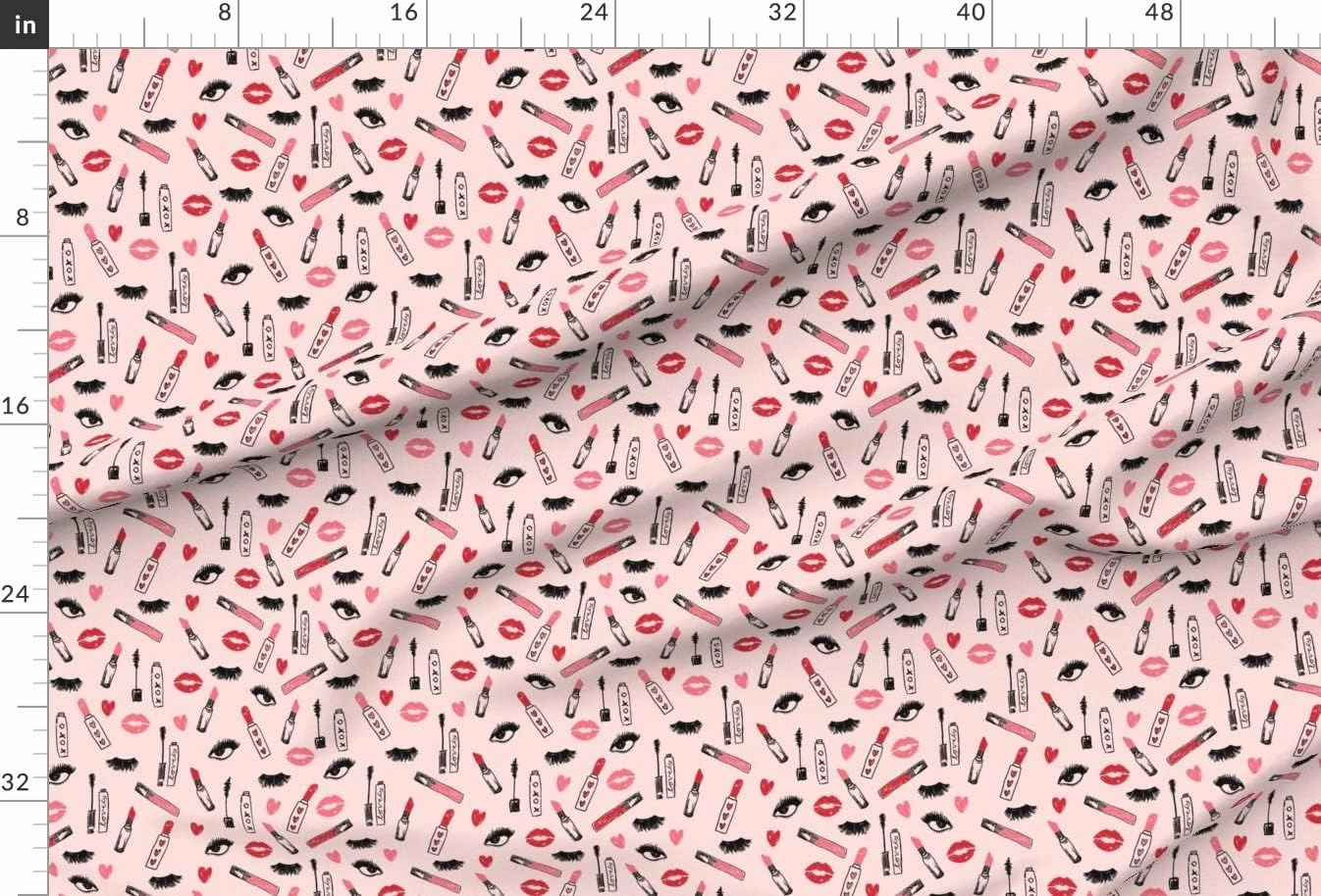 Spoonflower Fabric - Makeup Lipstick Eyelashes Beauty Valentines Day Pink Kiss Lips Eyes Printed on Upholstery Velvet Fabric Fat Quarter - Upholstery Home Decor Bottomweight Apparel