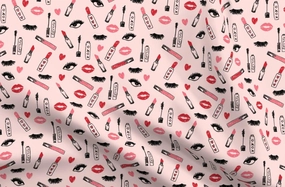 Spoonflower Fabric - Makeup Lipstick Eyelashes Beauty Valentines Day Pink Kiss Lips Eyes Printed on Upholstery Velvet Fabric Fat Quarter - Upholstery Home Decor Bottomweight Apparel