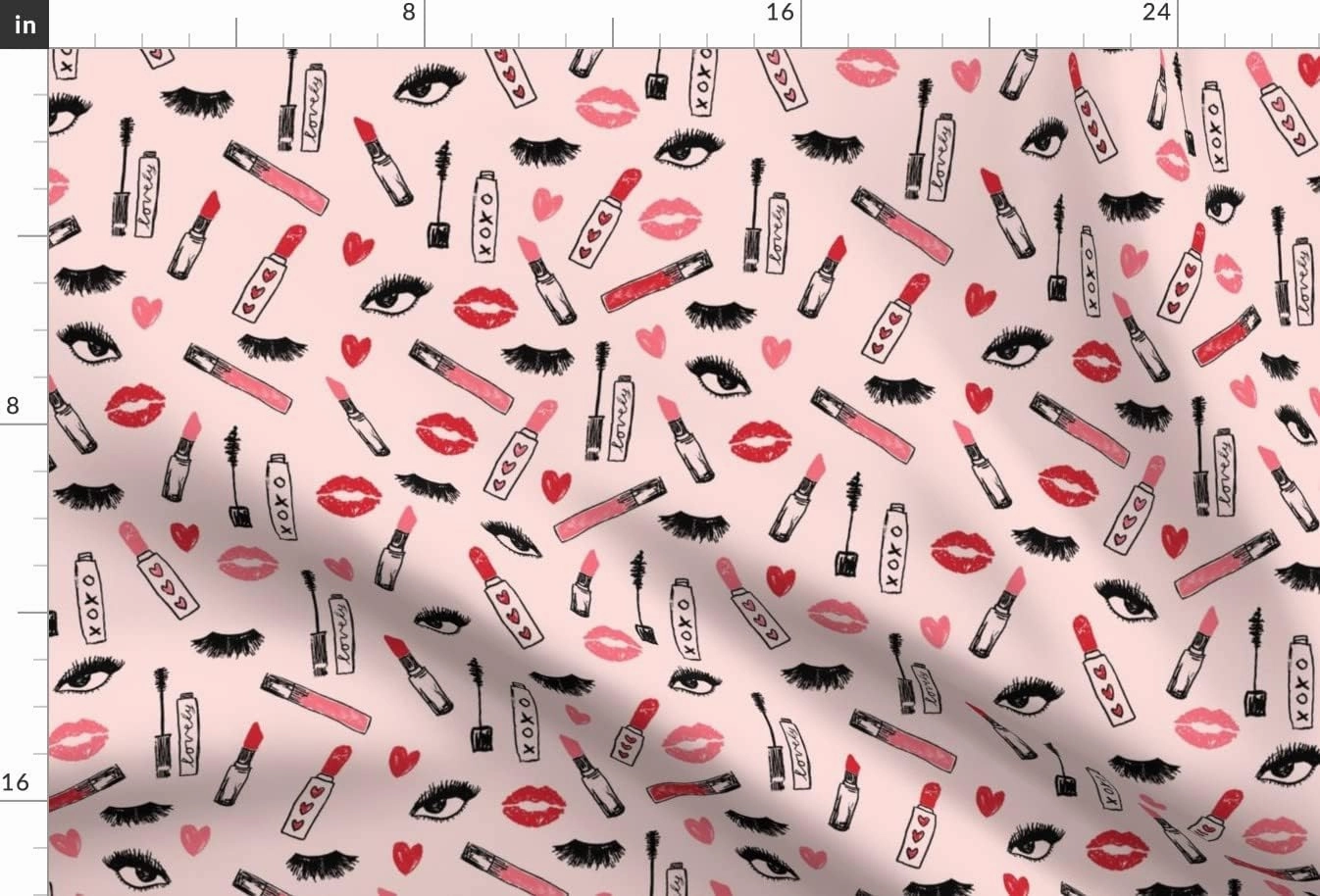 Spoonflower Fabric - Makeup Lipstick Eyelashes Beauty Valentines Day Pink Kiss Lips Eyes Printed on Upholstery Velvet Fabric Fat Quarter - Upholstery Home Decor Bottomweight Apparel
