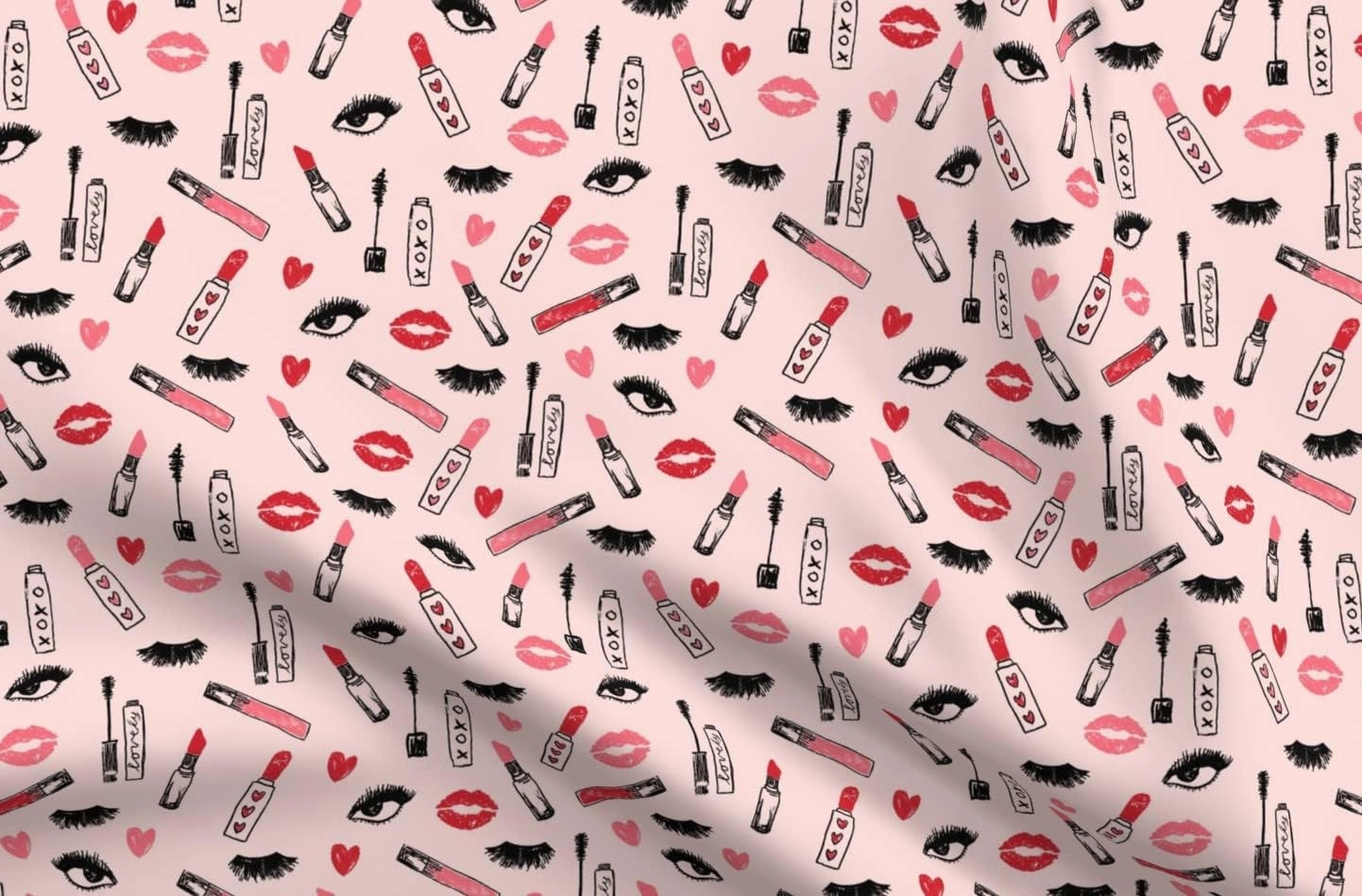 Spoonflower Fabric - Makeup Lipstick Eyelashes Beauty Valentines Day Pink Kiss Lips Eyes Printed on Upholstery Velvet Fabric Fat Quarter - Upholstery Home Decor Bottomweight Apparel