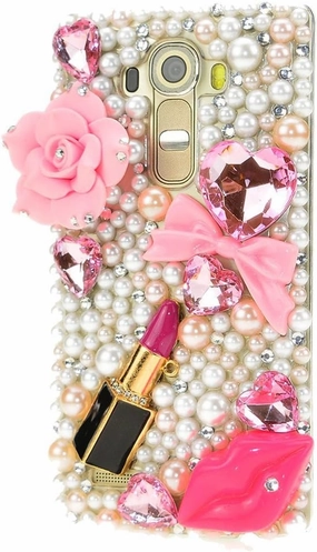 STENES Bling Phone Case Compatible with LG Phoenix 2 Case - Luxurious Crystal 3D Handmade Sparkle Diamond Rhinestone Clear Cover - Big Rose Flowers Sexy Lips Lipstick/Pink