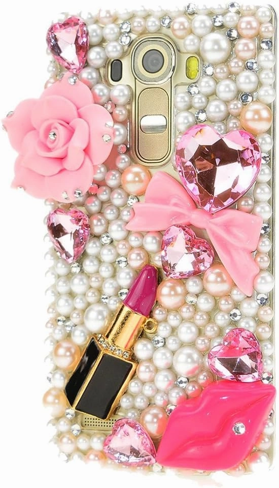 STENES Bling Phone Case Compatible with LG Phoenix 2 Case - Luxurious Crystal 3D Handmade Sparkle Diamond Rhinestone Clear Cover - Big Rose Flowers Sexy Lips Lipstick/Pink