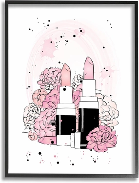 Stupell Industries Pink Peony Florals Glam Lipstick Cosmetic, Design by Martina Pavlova Black Framed Wall Art, 11 x 14, White