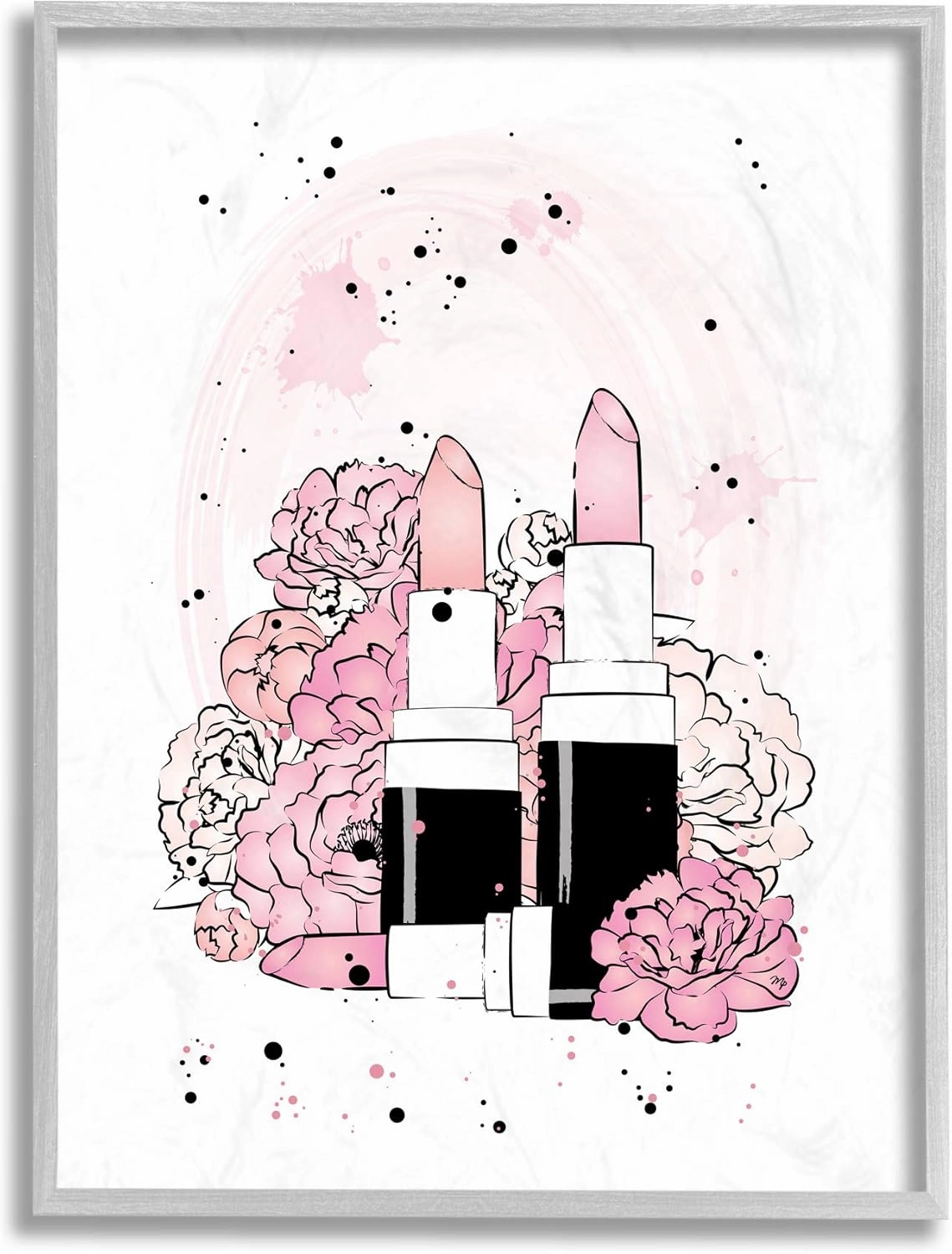 Stupell Industries Pink Peony Florals Glam Lipstick Cosmetic, Design by Martina Pavlova Grey Framed Wall Art, 11 x 14, White