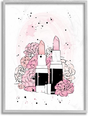 Stupell Industries Pink Peony Florals Glam Lipstick Cosmetic, Design by Martina Pavlova Grey Framed Wall Art, 11 x 14, White
