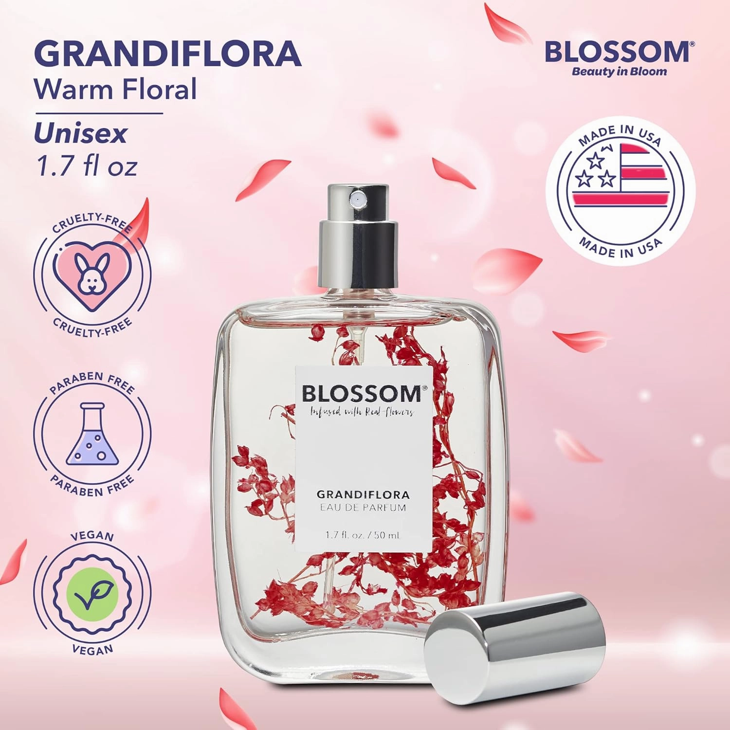Unisex Eau De Parfum Spray Perfume for Women, TikTok Perfume Fragrance, Infused with Real Flowers, Made in USA, 1.7oz (Bulgarian Rose, Turkish Florals, Pale Honey, Vanilla Bean), Grandiflora
