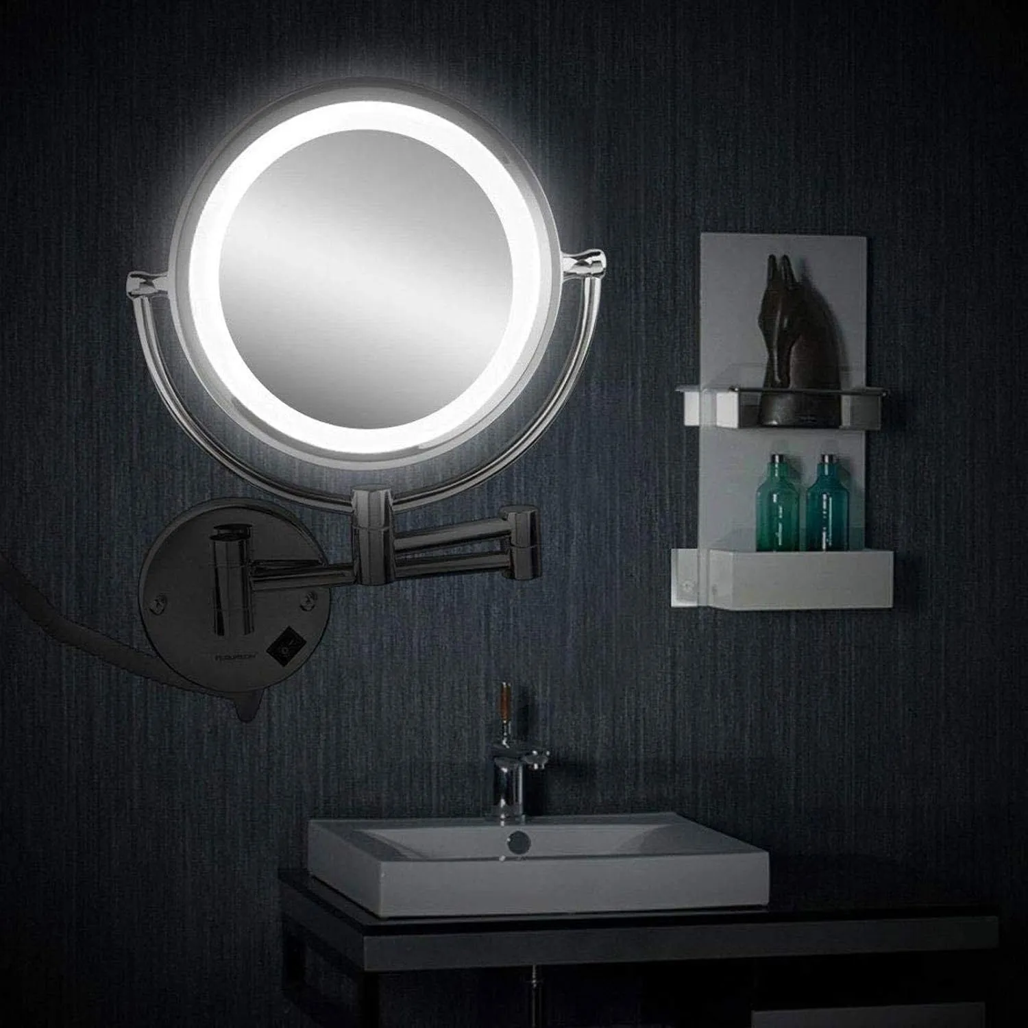 Wall Mount Makeup Mirror with Lights and Magnification 10X, 8 Inch Double-Sided Swivel Wall Mounted Makeup Mirror Black Two Side 360 Swivel Cosmetic Face Extendable Vanity Mirrors