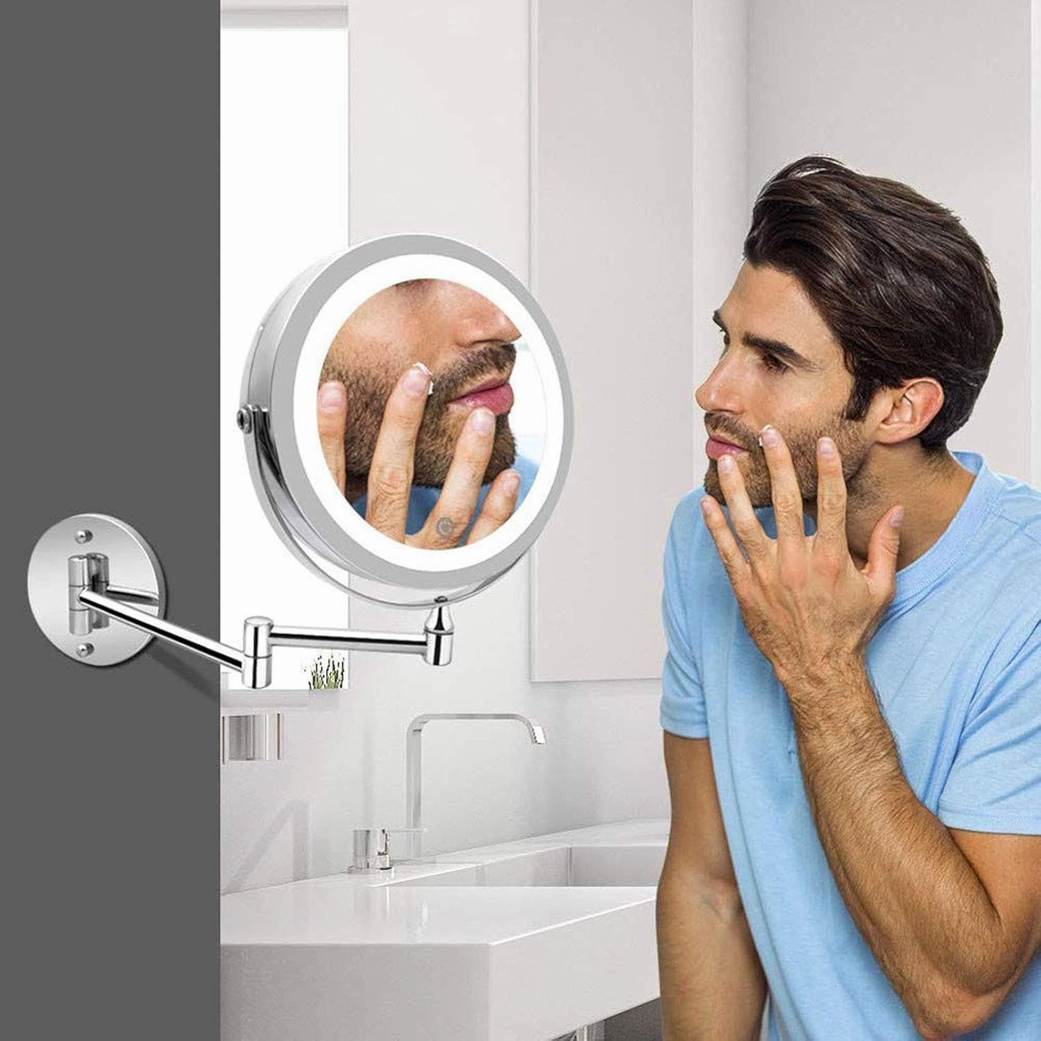 Wall Mount Makeup Mirror Lighted Nickel, Makeup Mirror Wall Mount 3X Magnification, Bathroom Two Side 360 Swivel Touch Screen Cosmetic Face Mirror Extendable Vanity Mirrors,Hard Wired
