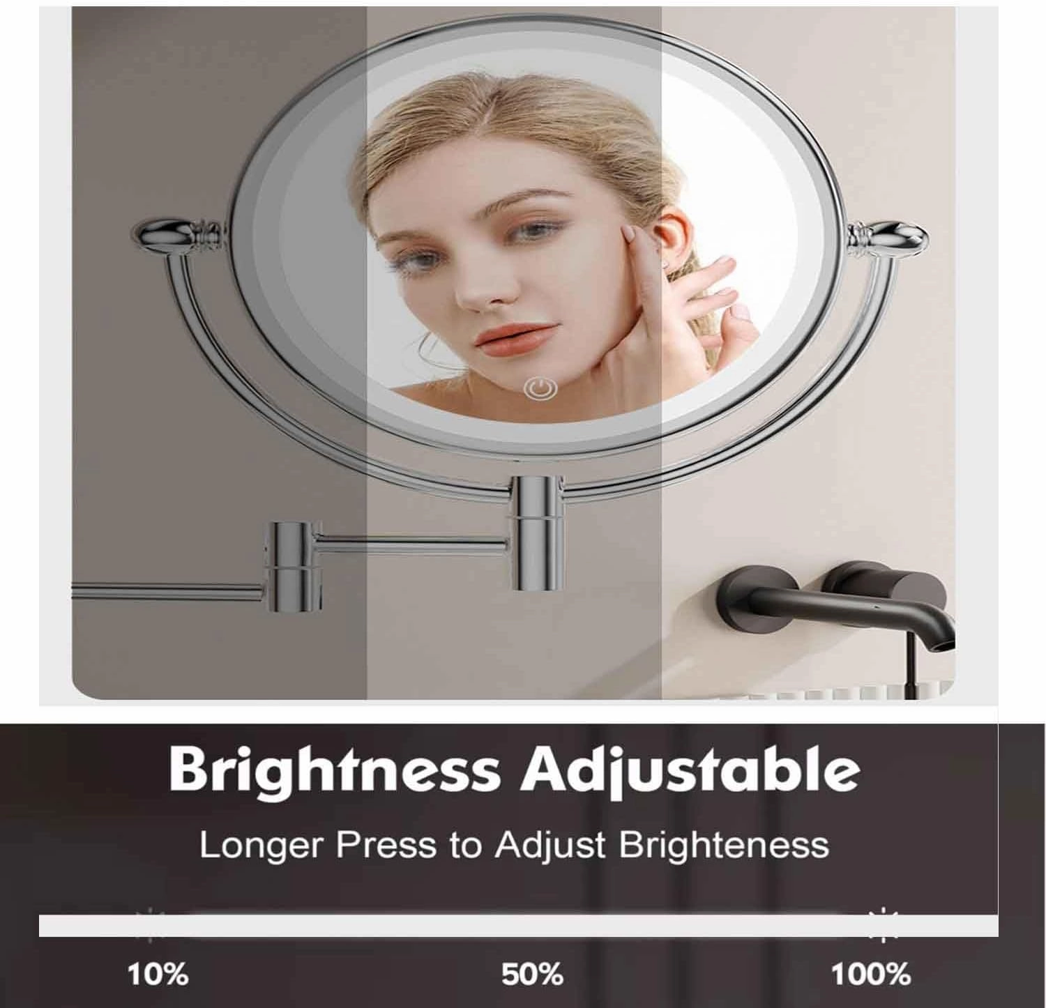 Wall Mounted Lighted Makeup Mirror, 8" Double-Sided Light up Magnifying Mirror 1x/10x,Vanity Mirror with Lights,Touch Dimmable 360° RotationSilver,10X