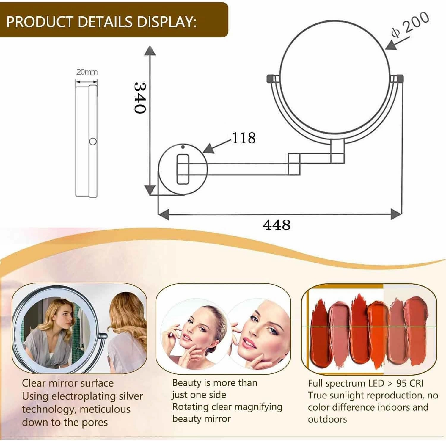 Wall Mounted Lighted Makeup Mirror, 8" Double-Sided Light up Magnifying Mirror 1x/10x,Vanity Mirror with Lights,Touch Dimmable 360° RotationSilver,10X