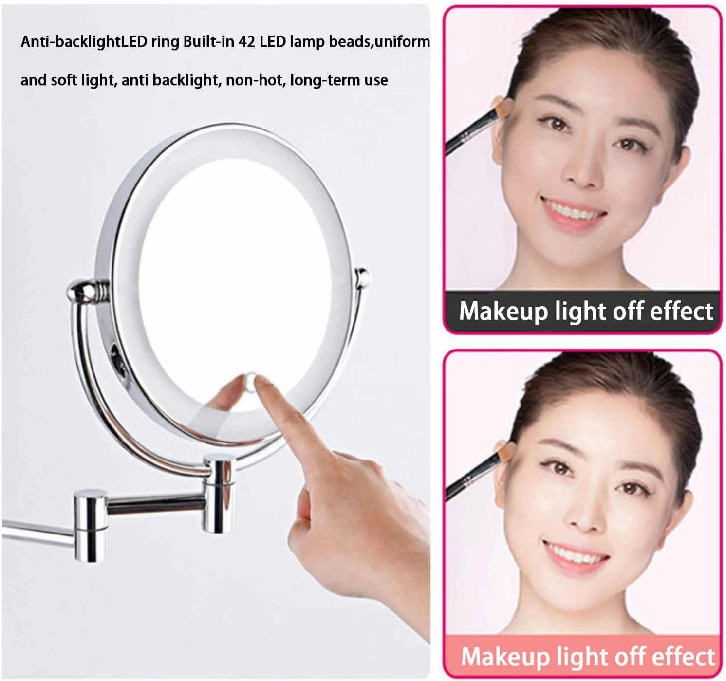 Wall Mounted Lighted Makeup Mirror, 8" Double-Sided Light up Magnifying Mirror 1x/10x,Vanity Mirror with Lights,Touch Dimmable 360° RotationSilver,10X