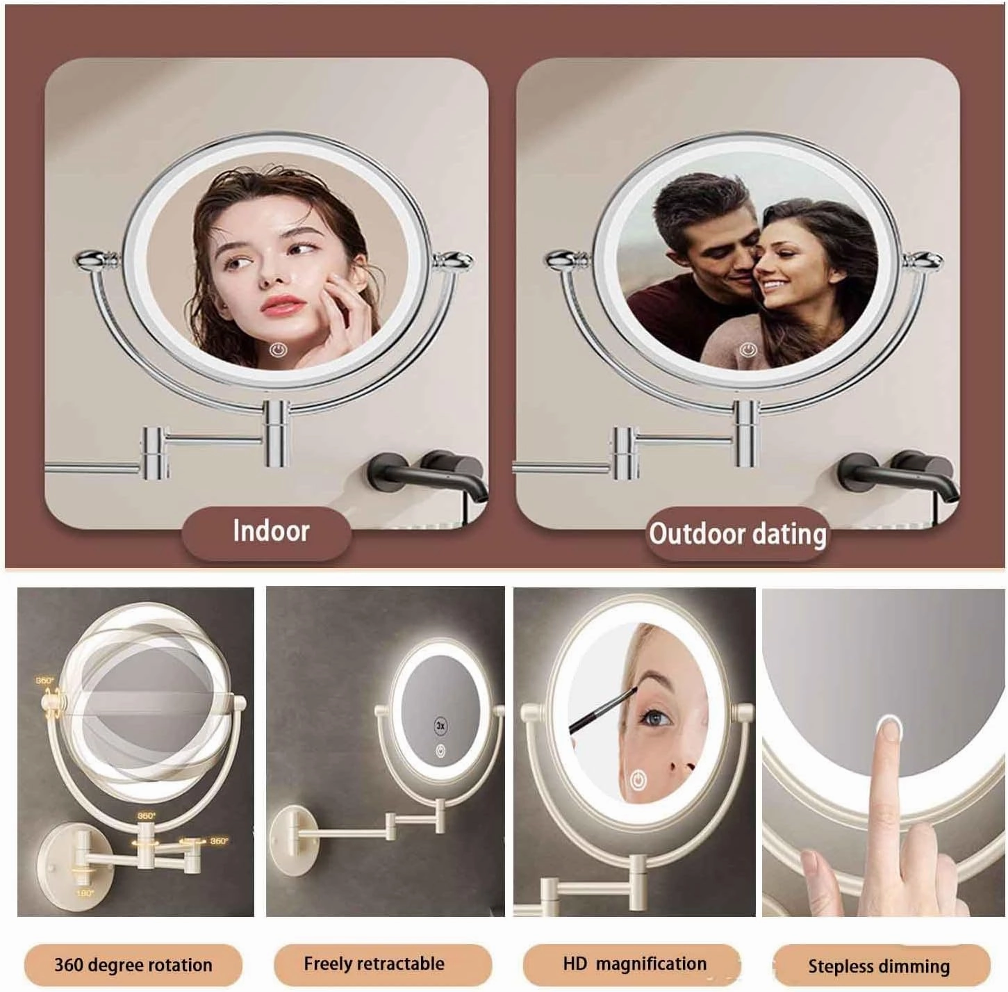 Wall Mounted Lighted Makeup Mirror, 8" Double-Sided Light up Magnifying Mirror 1x/10x,Vanity Mirror with Lights,Touch Dimmable 360° RotationSilver,10X