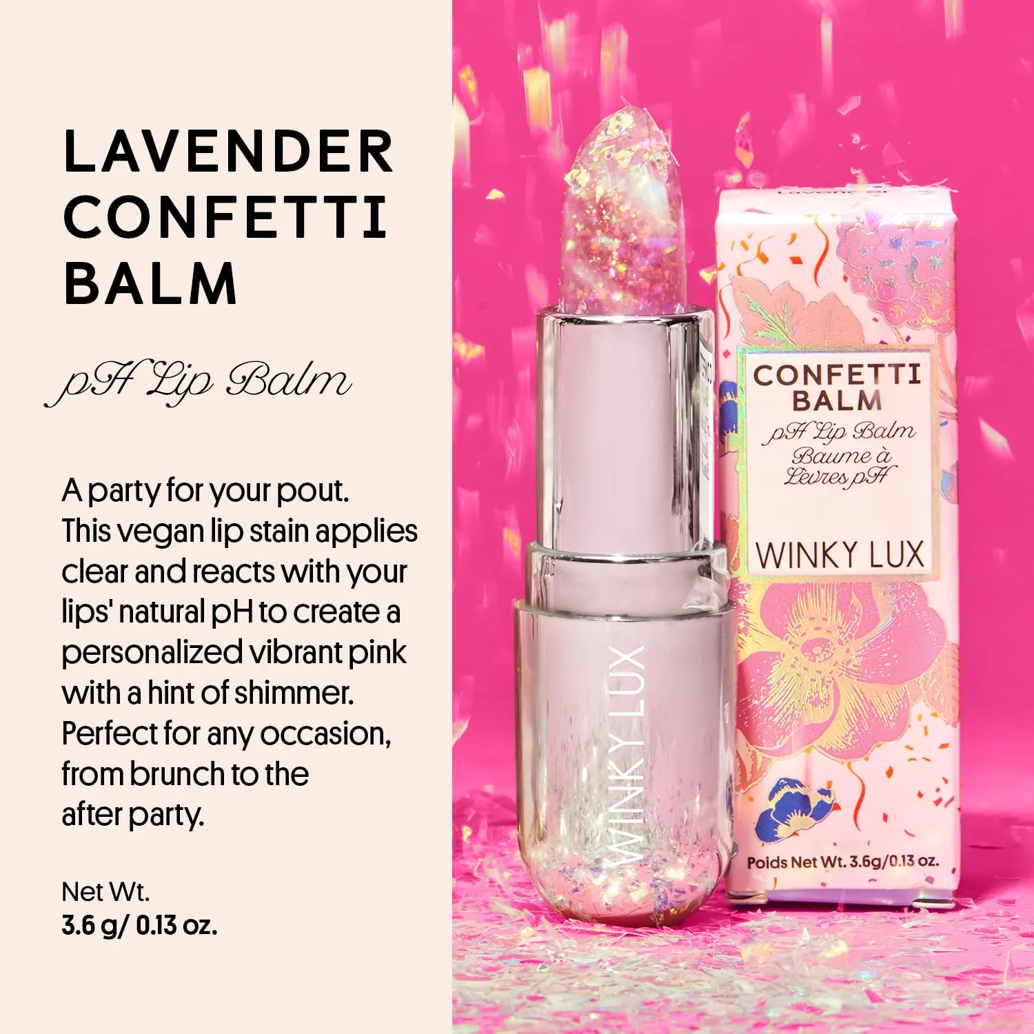 Winky Lux Glitter Confetti Balm, pH Color Changing Lipstick, Vegan & Cruelty Free Lip Balm, Hydrate & Plump, Sheer Pink Lipstick With Lavender Confetti