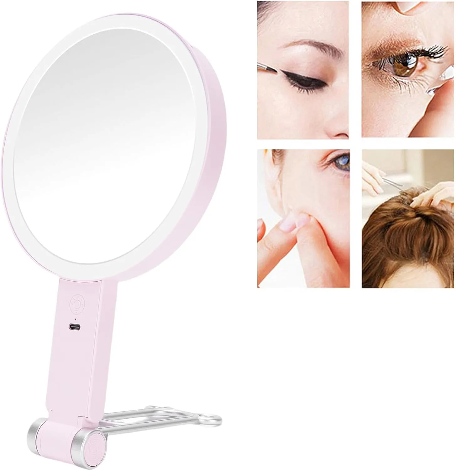 Ymiko LED Double Sided 20X Magnification Mirror Adjustable for Dormitory Bedroom Bathroom Travel (Pink)