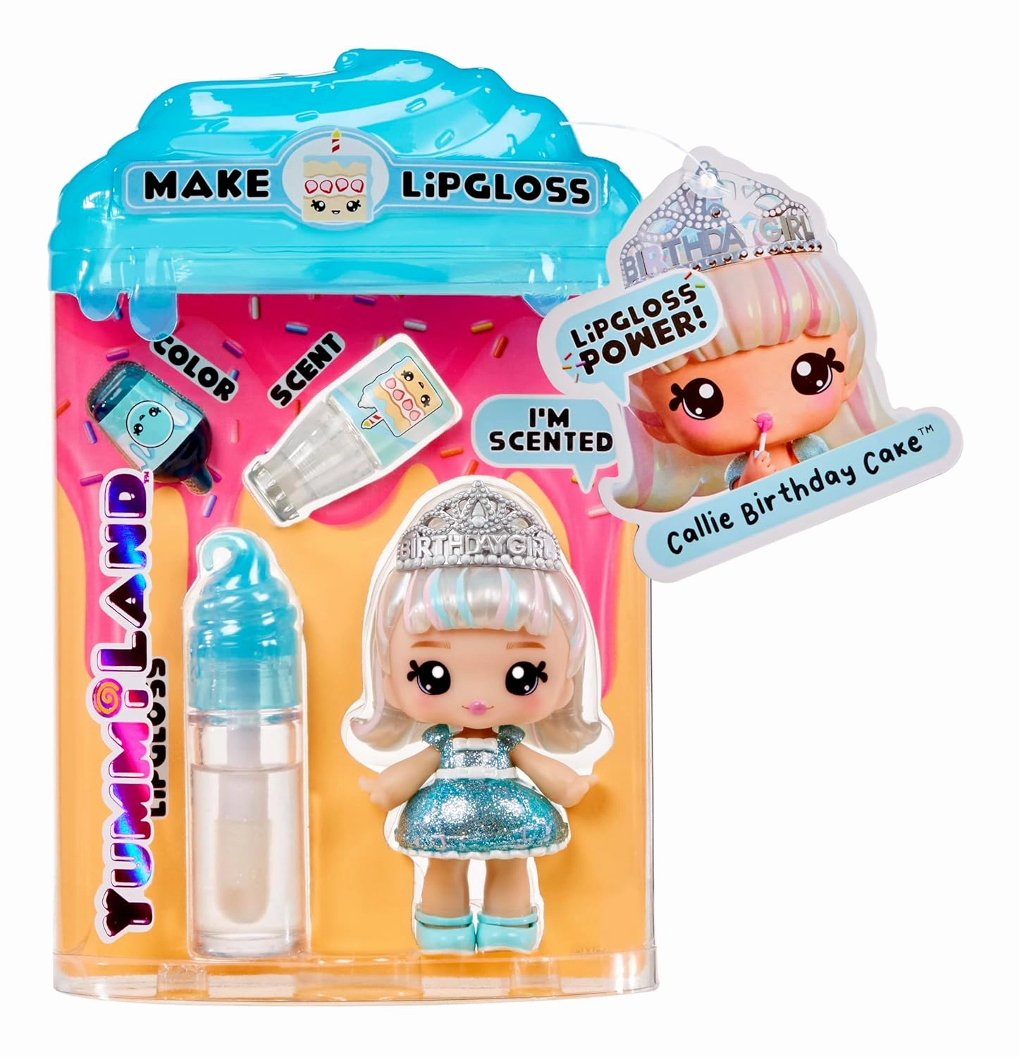 Yummiland Lipgloss Doll – Callie Birthday Cake – Scented Doll with DIY Gloss Kit – Suitable for Ages 4 and Up