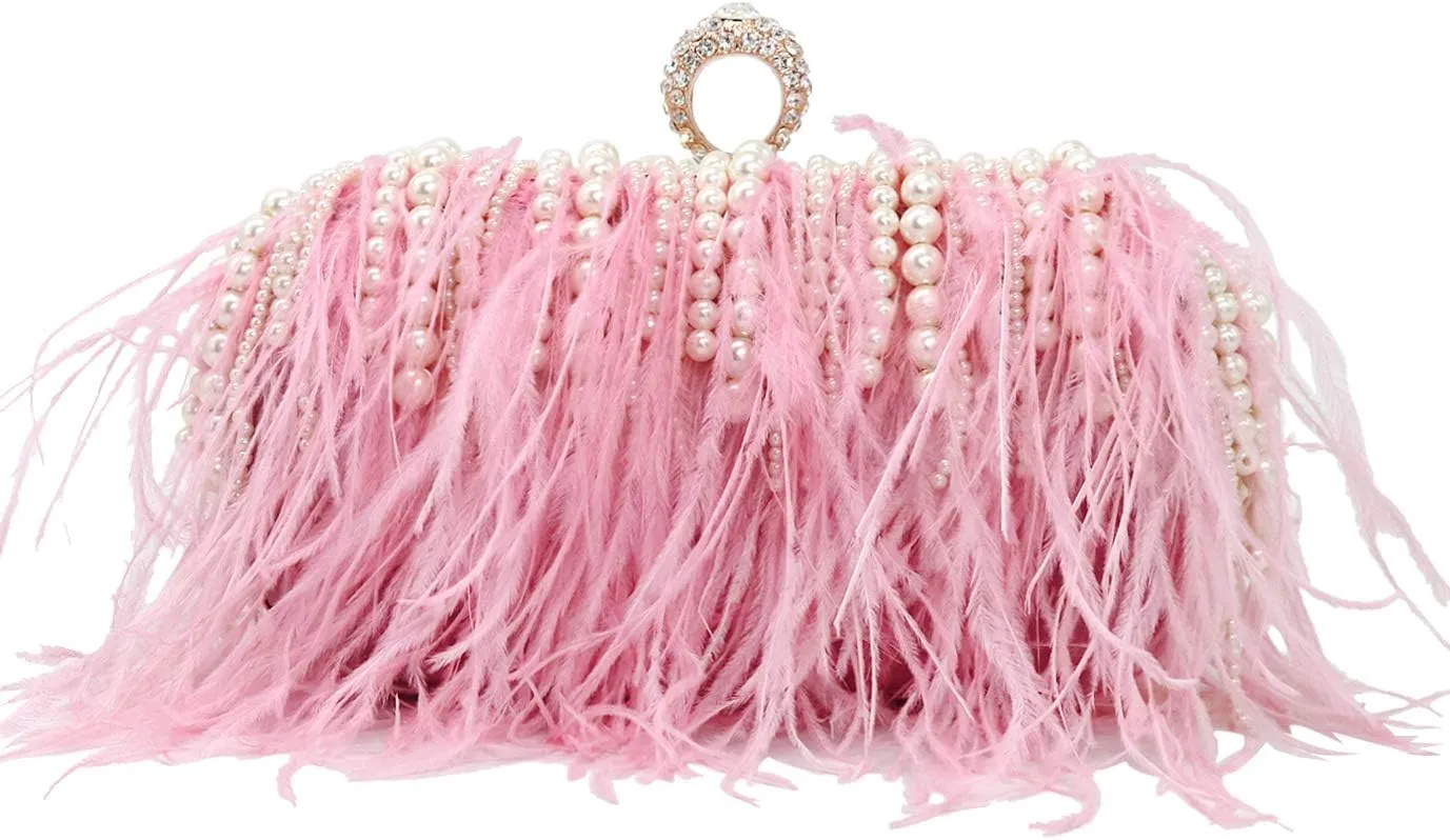 ZAKIA Women's Real Natural Ostrich Feather Tote Evening Dress Bag Shoulder Bag Party Money Bag Wallet Clutch