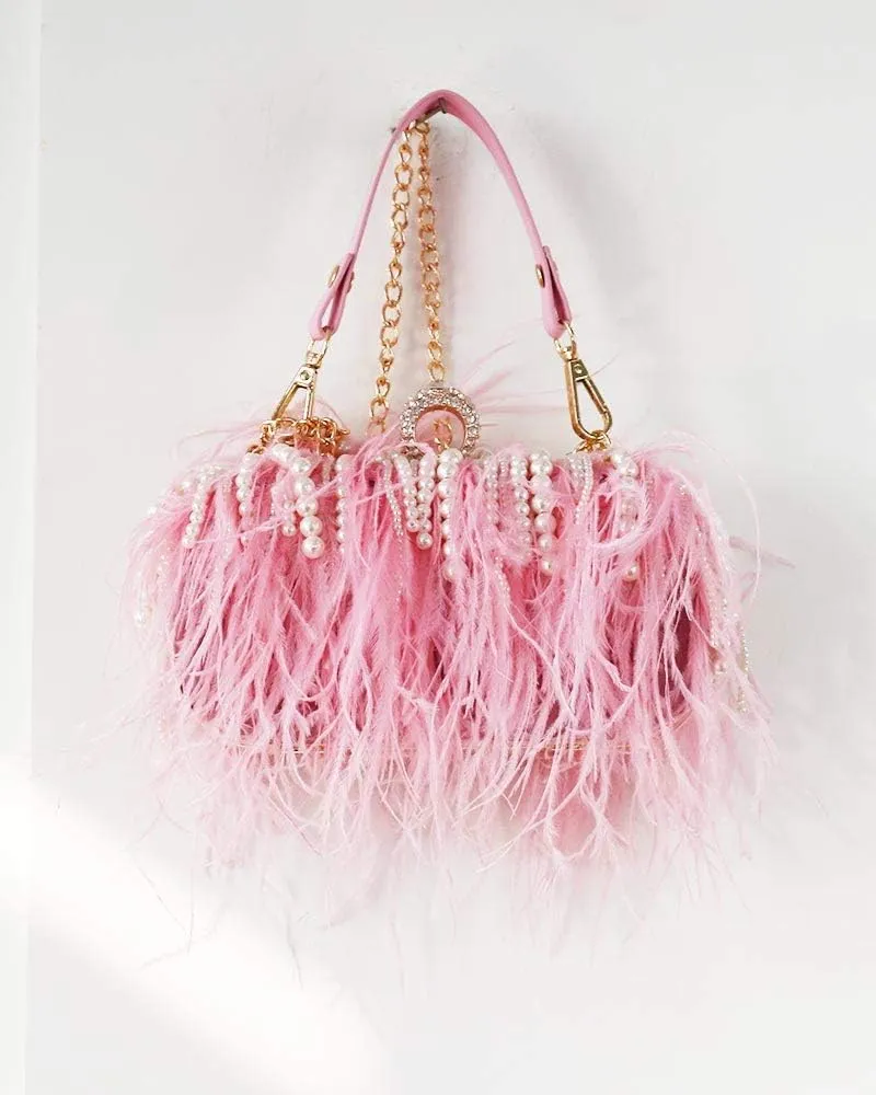 ZAKIA Women's Real Natural Ostrich Feather Tote Evening Dress Bag Shoulder Bag Party Money Bag Wallet Clutch